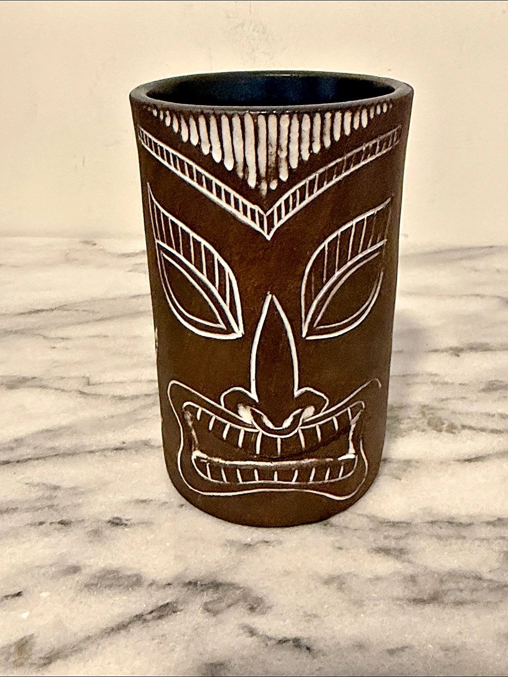 Sgraffito studio pottery Hand-Painted Ceramic Tiki Vessel Brown White signed JL